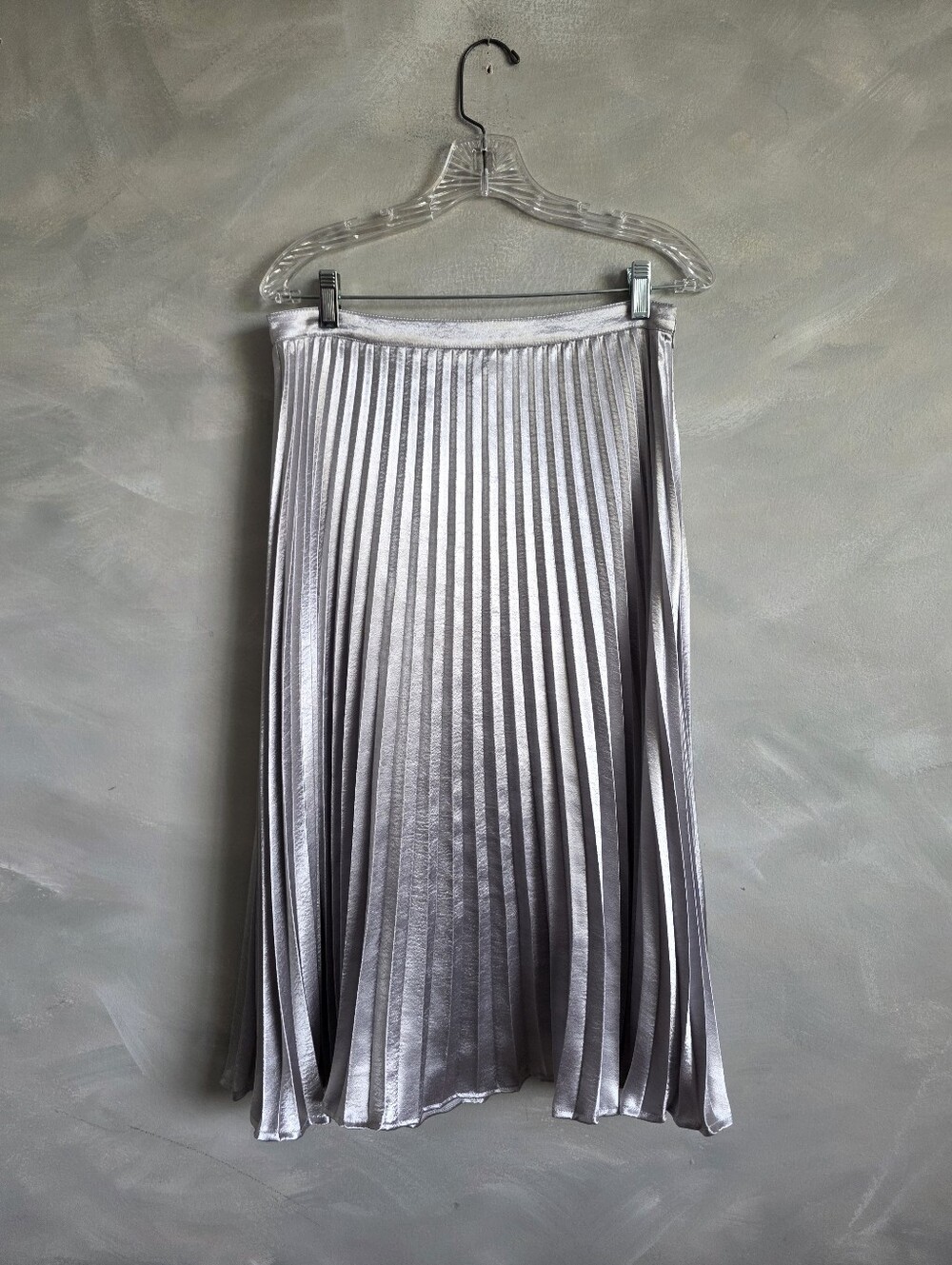 DKNY Metallic Silver Fine Pressed Pleated Midi Skirt 6 Romantic Plissé Cyberpunk